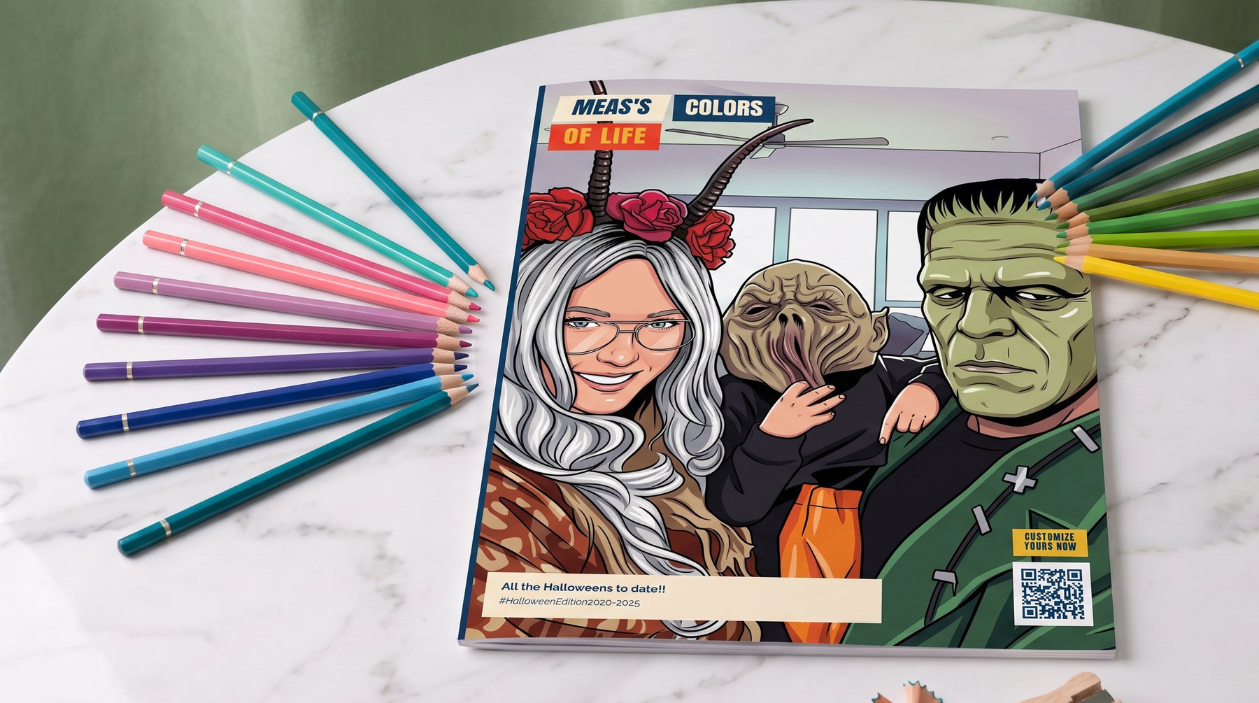 Meas's Halloween edition - the printed book on a table with coloring pencils