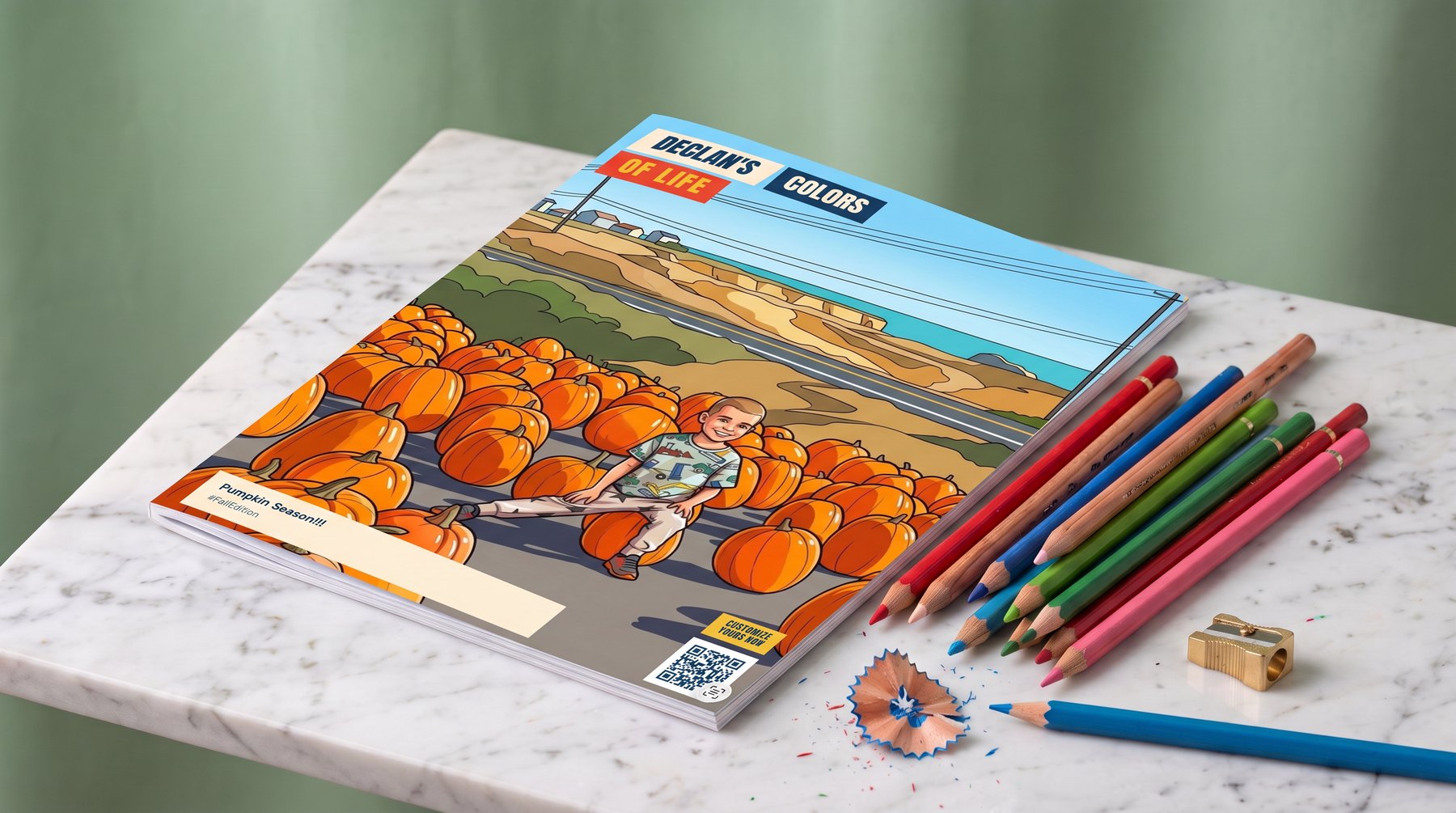 Declan's Fall edition - Pumpkin Season - the printed book on a table with coloring pencils