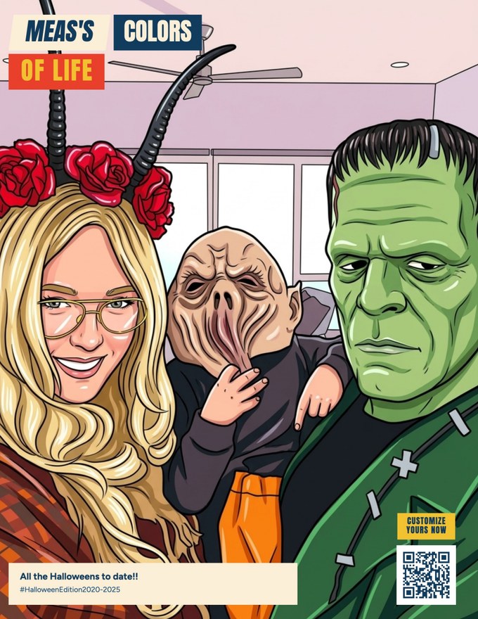 A finished front cover: three of us in Halloween masks, drawn in full color with the name on top
