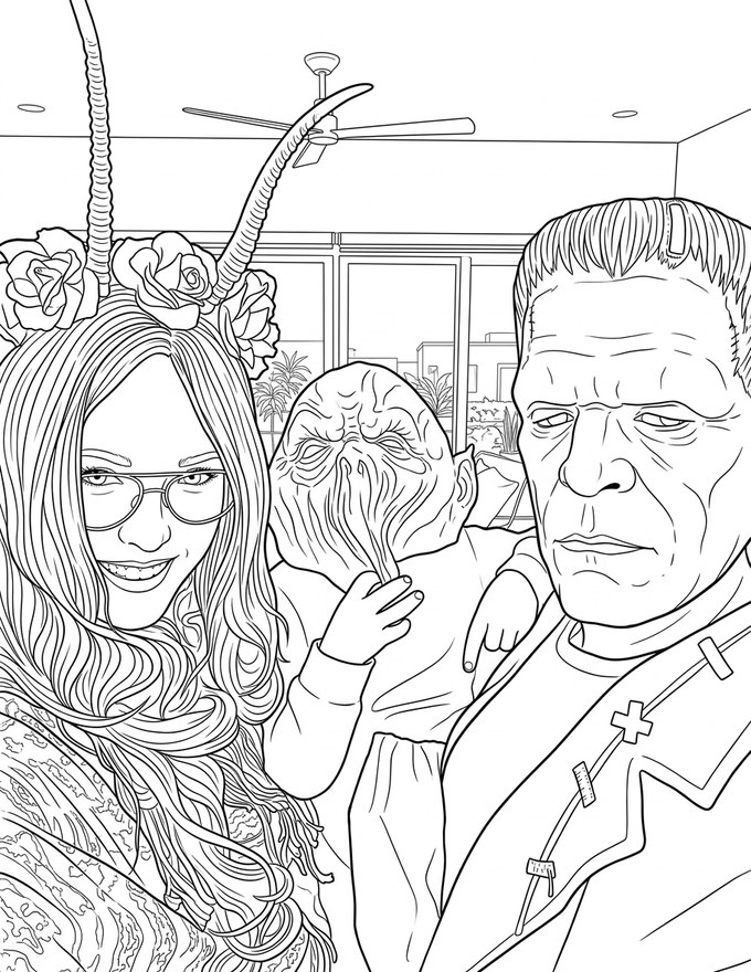 The same Halloween photo drawn as a black-and-white coloring page