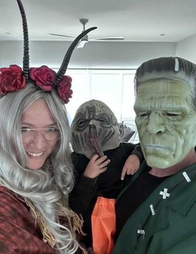 A real Halloween photo: three of us in masks